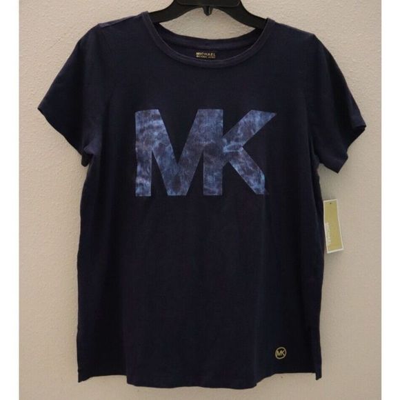 Michael Kors QS3515I6TF Women Sz M Midnight Blue "MK" Logo Crew Neck T-Shirt $68 - Picture 1 of 7
